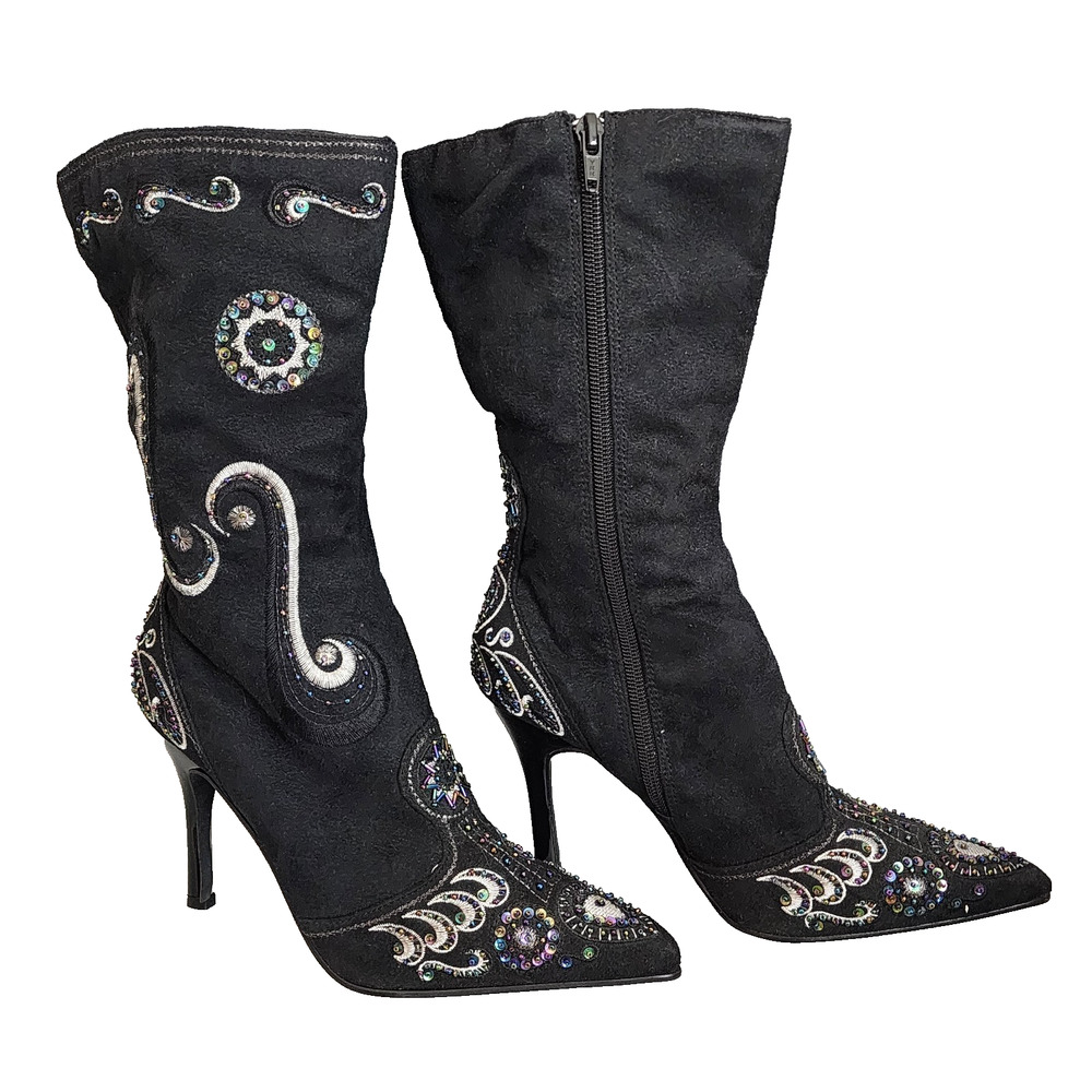 Milano Embroidered Stilletto Boots Size 6.25 Black Suede Pointed Toe
